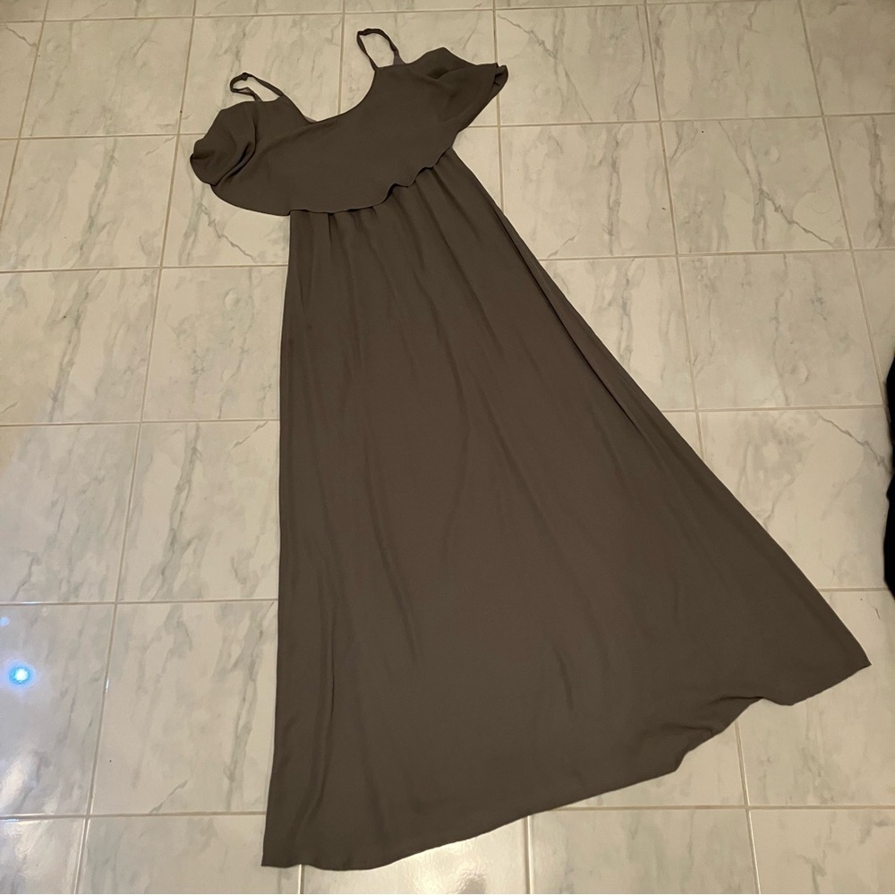 Show me your Mumu Caitlin ruffle Grey spaghetti strap long maxi dress. EUC!